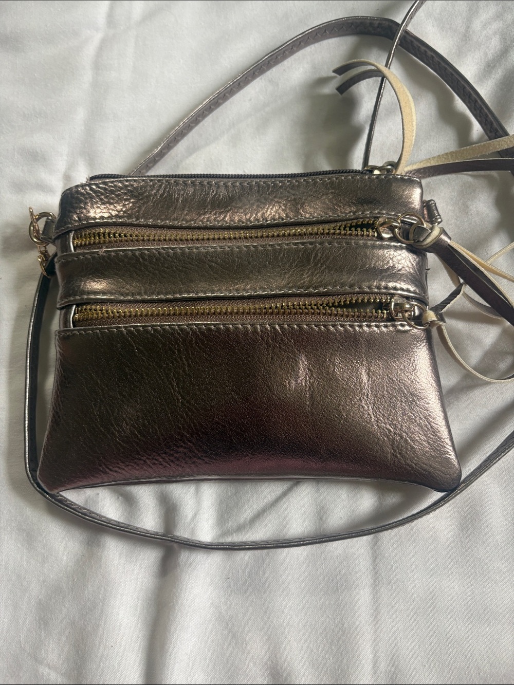 Metallic Pewter Crossbody Bag with Zip Pockets
